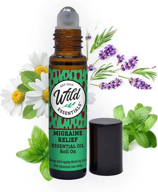 Migraine Relief 10ml Essential Oil Roll On, Organic Jojoba Oil, All Natural, Slim Glass Bottle